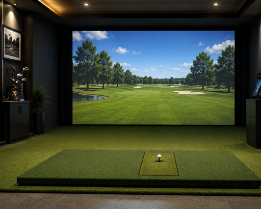 Auto Tee in golf simulator room with platform