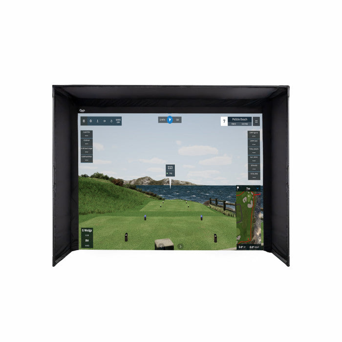 Carl's Place Premium Enclosure for golf simulators, front view with projection of Pebble Beach course.
